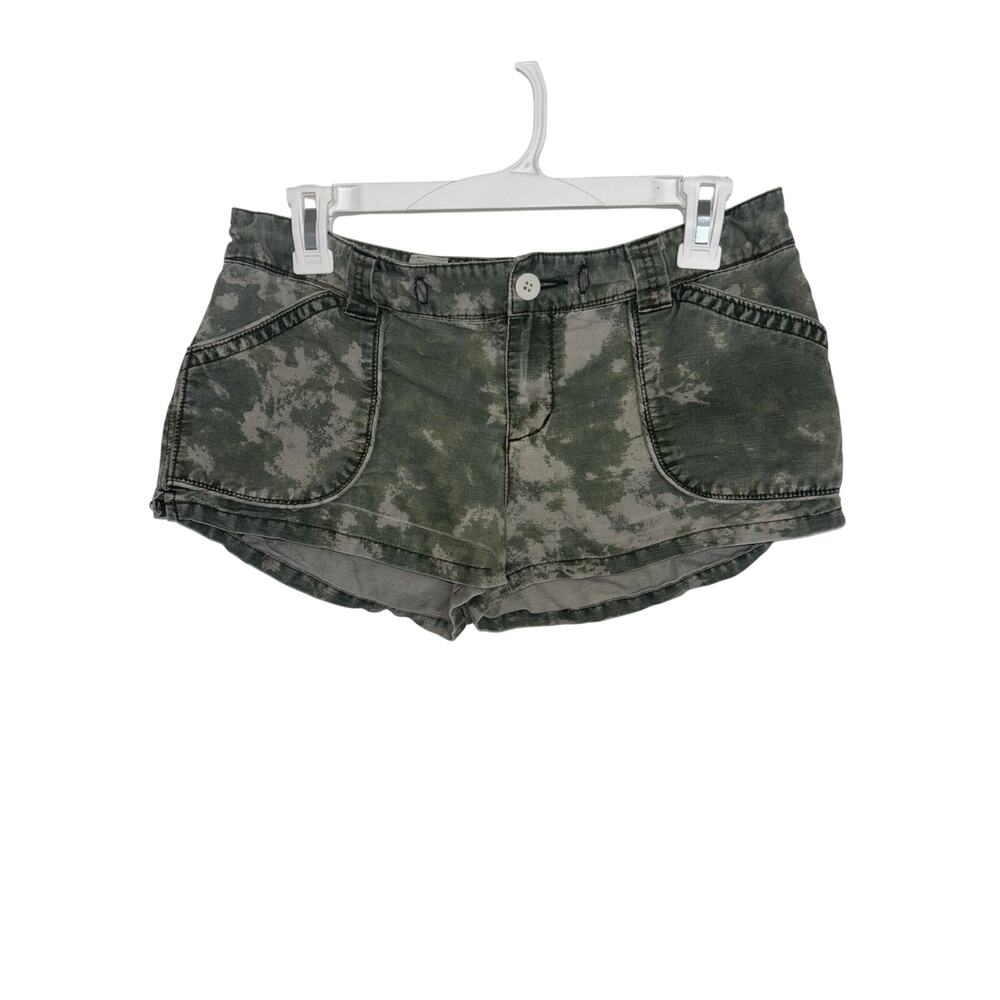 Y2K Free People Low Rise Micro Mini Shorts 4 Linen Cotton Green Acid Wash